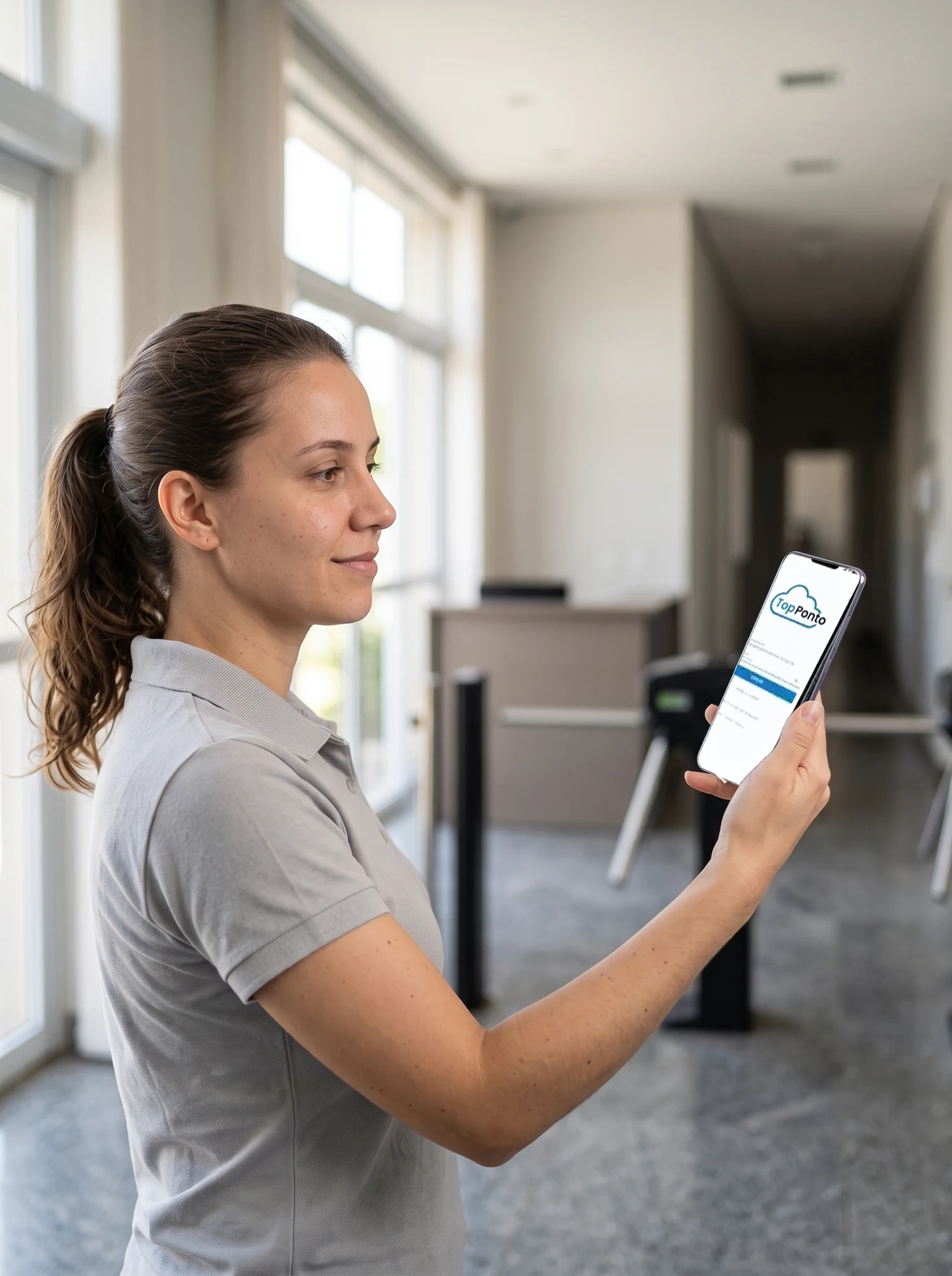 Colaboradora registrando o ponto pelo aplicativo no celular, no hall de entrada da empresa