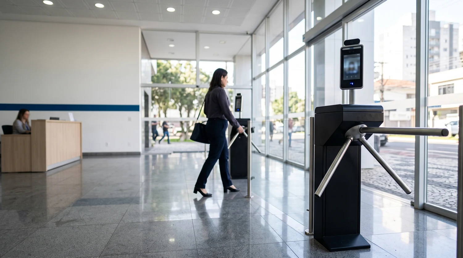 Hall de entrada de empresa com catraca eletrônica e leitor facial, colaboradora passando ao fundo