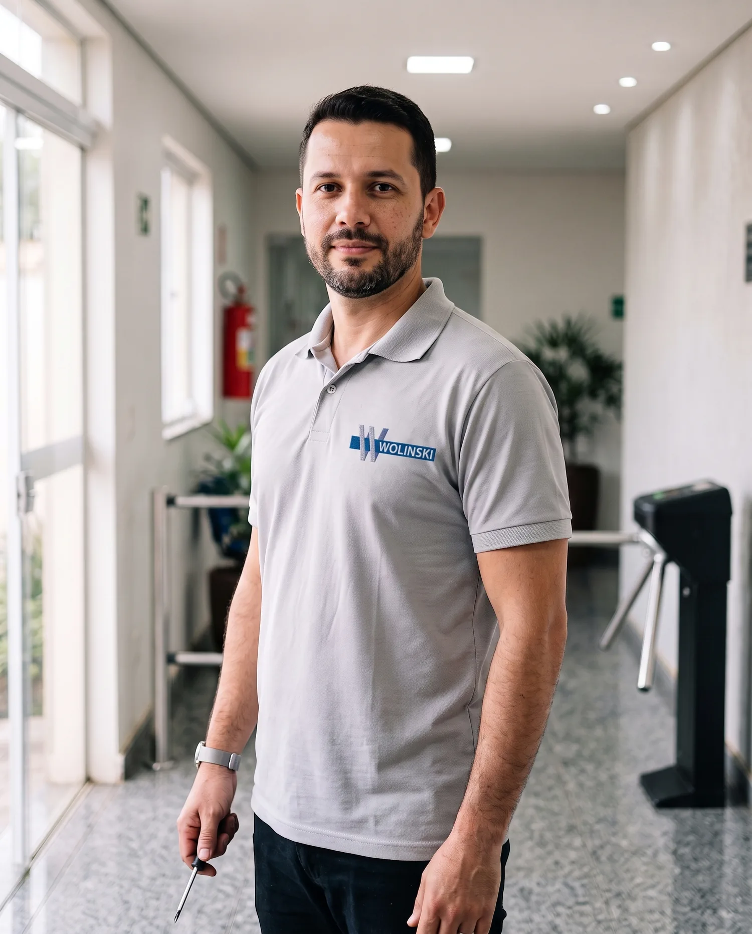Técnico da Wolinski uniformizado no corredor de entrada de uma empresa, com catraca ao fundo
